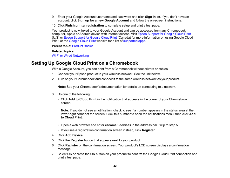 Setting up google cloud print on a chromebook | Epson WorkForce Pro WF-M5799 Workgroup Monochrome Multifunction Printer with Replaceable Ink Pack System User Manual | Page 42 / 404