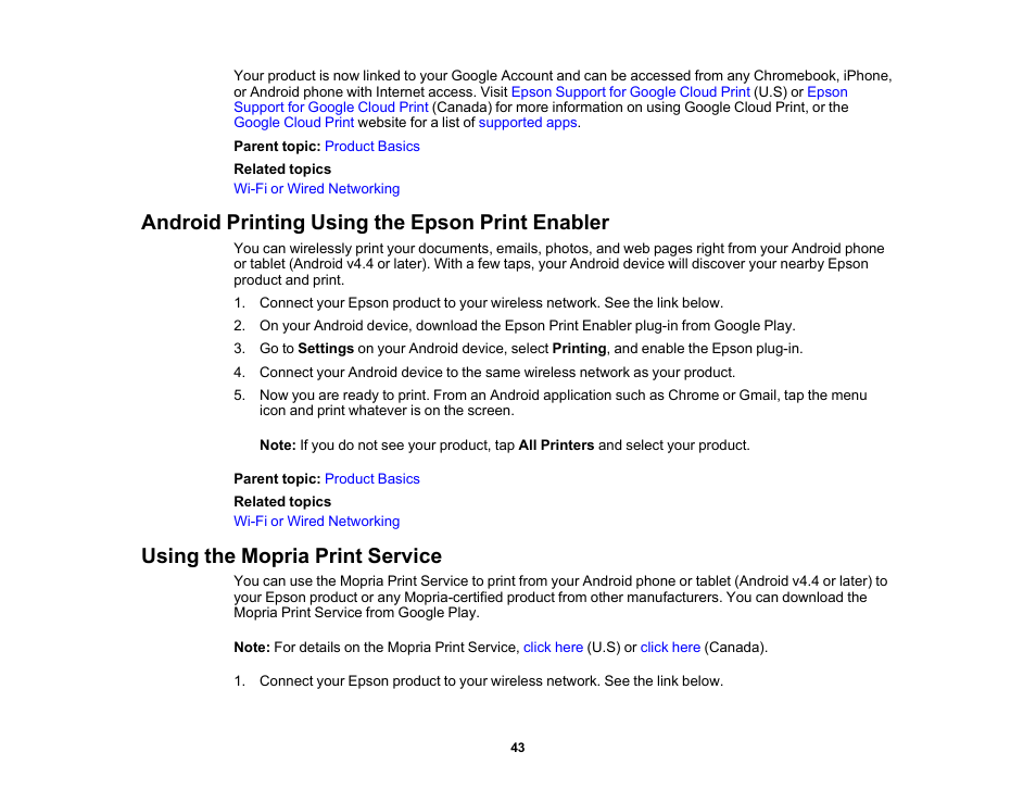 Android printing using the epson print enabler, Using the mopria print service | Epson WorkForce Pro WF-M5799 Workgroup Monochrome Multifunction Printer with Replaceable Ink Pack System User Manual | Page 43 / 404