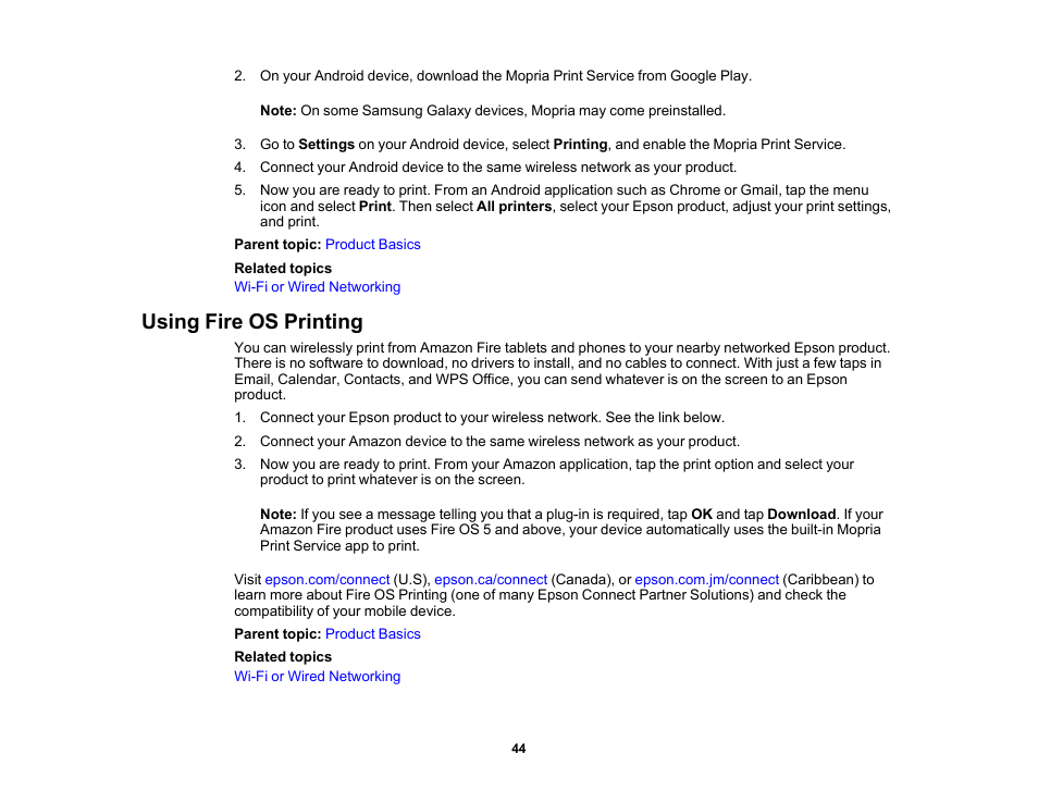 Using fire os printing | Epson WorkForce Pro WF-M5799 Workgroup Monochrome Multifunction Printer with Replaceable Ink Pack System User Manual | Page 44 / 404