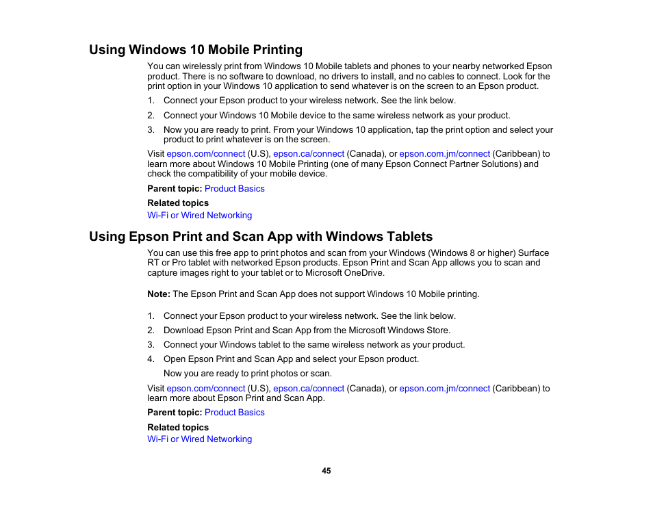 Using windows 10 mobile printing | Epson WorkForce Pro WF-M5799 Workgroup Monochrome Multifunction Printer with Replaceable Ink Pack System User Manual | Page 45 / 404