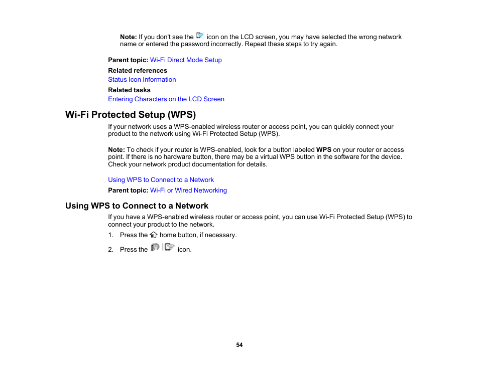 Wi-fi protected setup (wps), Using wps to connect to a network | Epson WorkForce Pro WF-M5799 Workgroup Monochrome Multifunction Printer with Replaceable Ink Pack System User Manual | Page 54 / 404