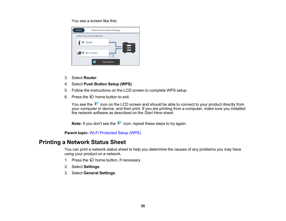 Printing a network status sheet | Epson WorkForce Pro WF-M5799 Workgroup Monochrome Multifunction Printer with Replaceable Ink Pack System User Manual | Page 55 / 404