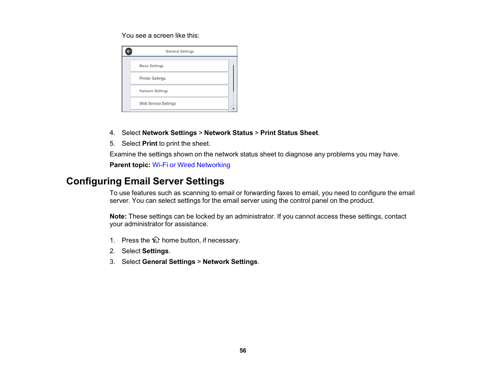 Configuring email server settings | Epson WorkForce Pro WF-M5799 Workgroup Monochrome Multifunction Printer with Replaceable Ink Pack System User Manual | Page 56 / 404