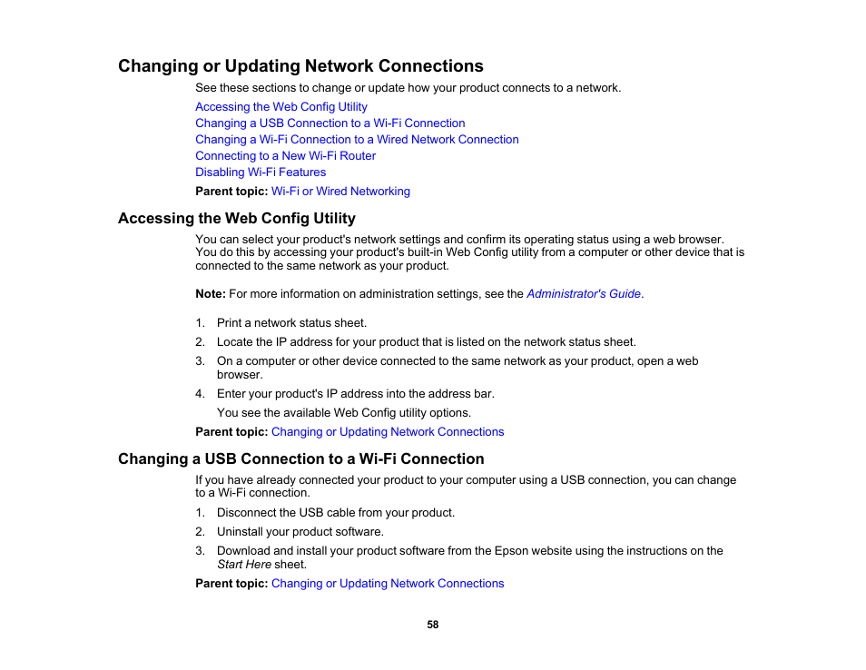 Changing or updating network connections, Accessing the web config utility, Changing a usb connection to a wi-fi connection | Epson WorkForce Pro WF-M5799 Workgroup Monochrome Multifunction Printer with Replaceable Ink Pack System User Manual | Page 58 / 404