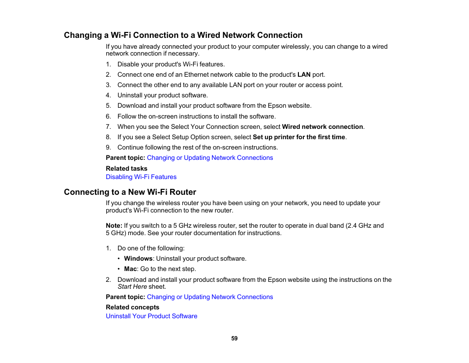 Connecting to a new wi-fi router | Epson WorkForce Pro WF-M5799 Workgroup Monochrome Multifunction Printer with Replaceable Ink Pack System User Manual | Page 59 / 404