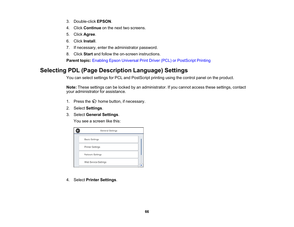 Selecting pdl (page description language) settings | Epson WorkForce Pro WF-M5799 Workgroup Monochrome Multifunction Printer with Replaceable Ink Pack System User Manual | Page 66 / 404