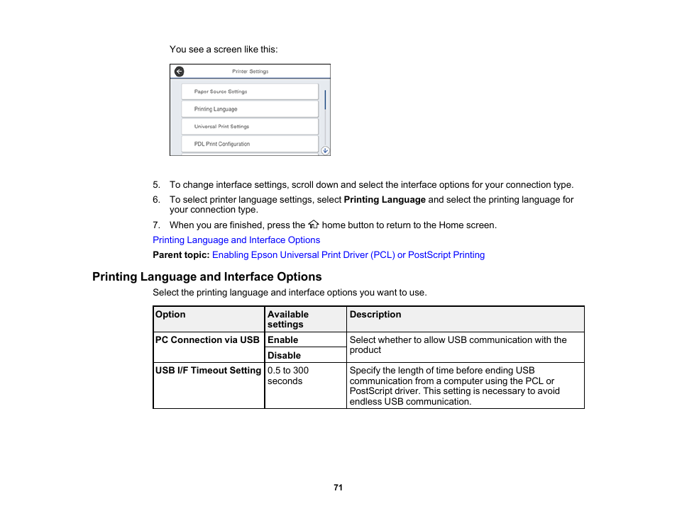 Printing language and interface options | Epson WorkForce Pro WF-M5799 Workgroup Monochrome Multifunction Printer with Replaceable Ink Pack System User Manual | Page 71 / 404