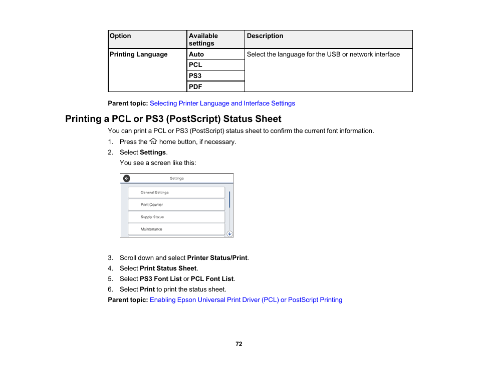 Printing a pcl or ps3 (postscript) status sheet | Epson WorkForce Pro WF-M5799 Workgroup Monochrome Multifunction Printer with Replaceable Ink Pack System User Manual | Page 72 / 404