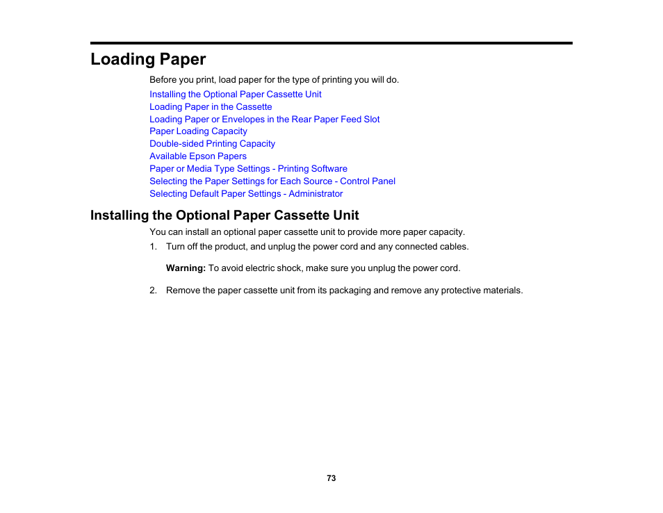 Loading paper, Installing the optional paper cassette unit | Epson WorkForce Pro WF-M5799 Workgroup Monochrome Multifunction Printer with Replaceable Ink Pack System User Manual | Page 73 / 404