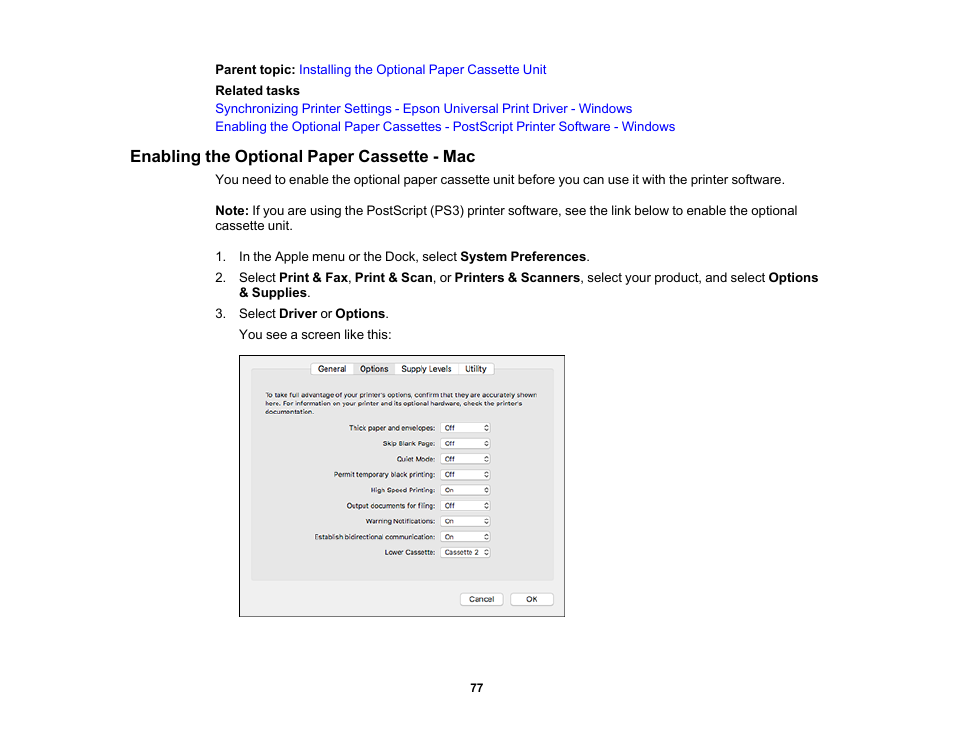 Enabling the optional paper cassette - mac | Epson WorkForce Pro WF-M5799 Workgroup Monochrome Multifunction Printer with Replaceable Ink Pack System User Manual | Page 77 / 404