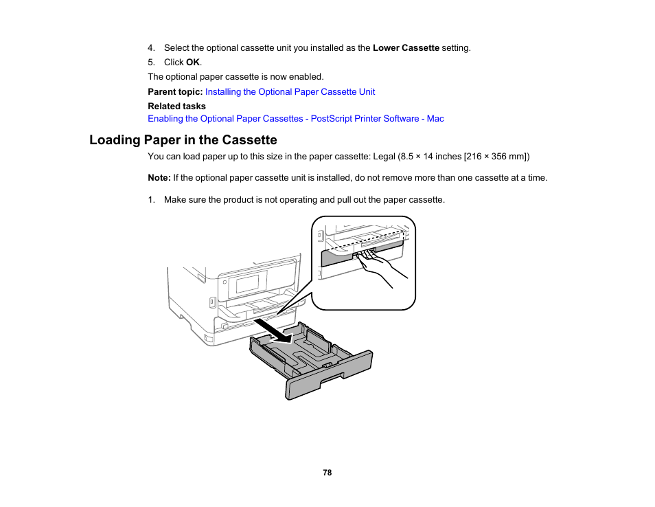 Loading paper in the cassette | Epson WorkForce Pro WF-M5799 Workgroup Monochrome Multifunction Printer with Replaceable Ink Pack System User Manual | Page 78 / 404