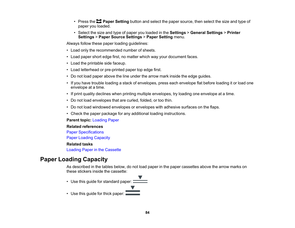 Paper loading capacity | Epson WorkForce Pro WF-M5799 Workgroup Monochrome Multifunction Printer with Replaceable Ink Pack System User Manual | Page 84 / 404