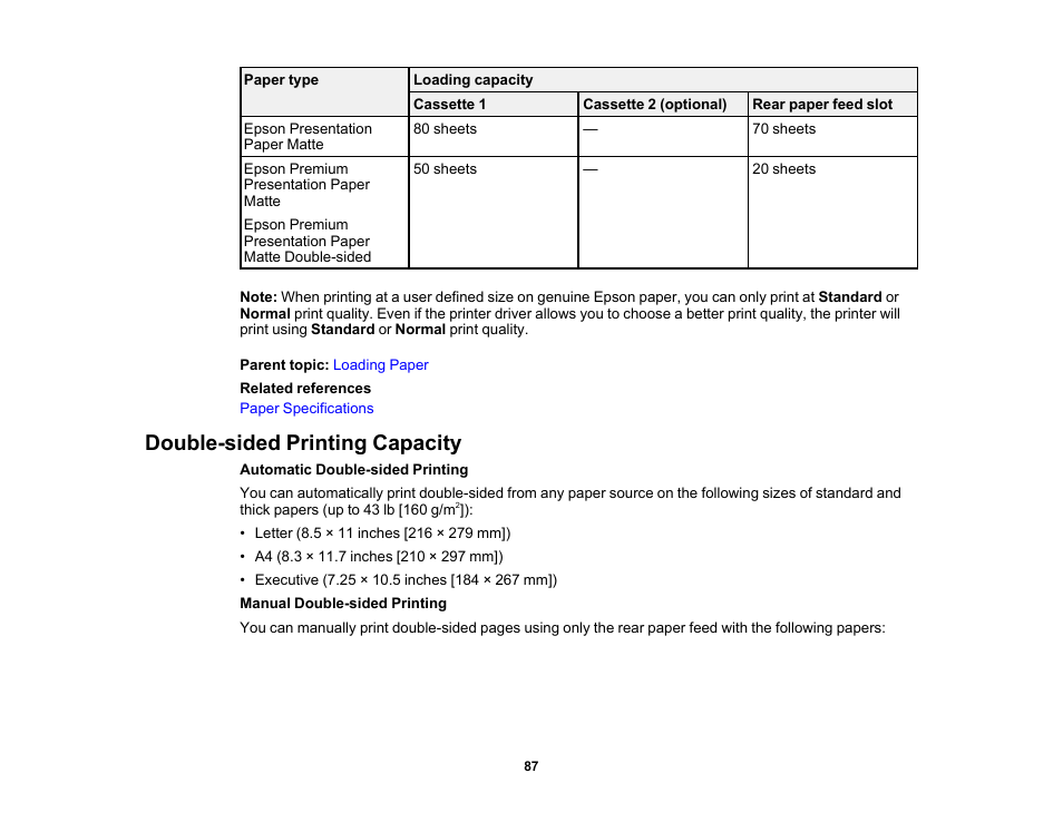 Double-sided printing capacity | Epson WorkForce Pro WF-M5799 Workgroup Monochrome Multifunction Printer with Replaceable Ink Pack System User Manual | Page 87 / 404