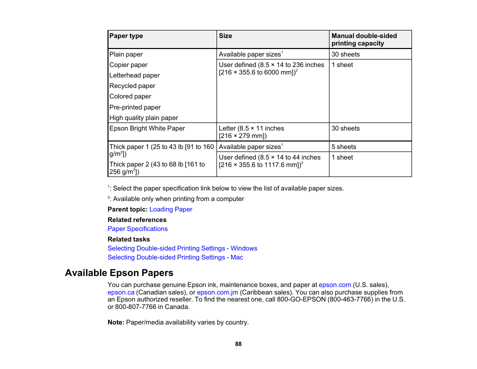 Available epson papers | Epson WorkForce Pro WF-M5799 Workgroup Monochrome Multifunction Printer with Replaceable Ink Pack System User Manual | Page 88 / 404