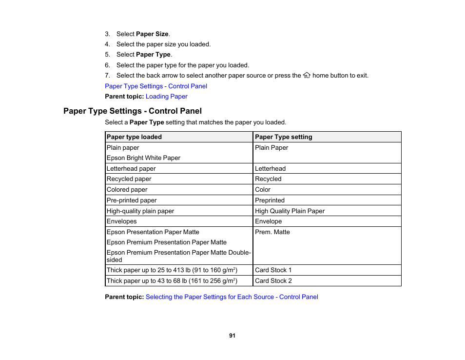 Paper type settings - control panel | Epson WorkForce Pro WF-M5799 Workgroup Monochrome Multifunction Printer with Replaceable Ink Pack System User Manual | Page 91 / 404