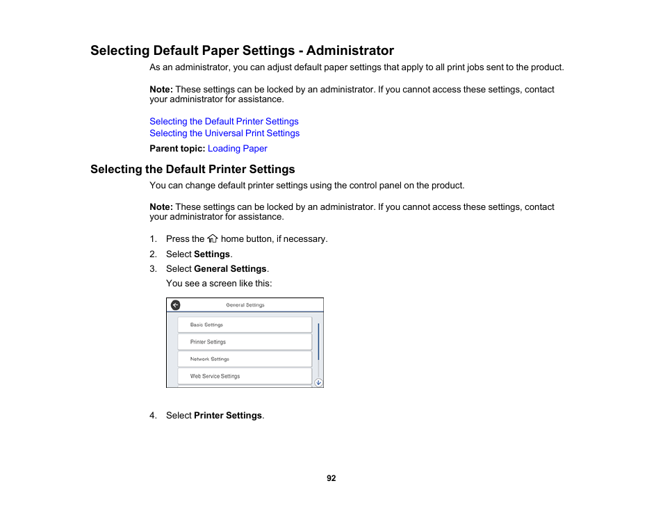 Selecting default paper settings - administrator, Selecting the default printer settings | Epson WorkForce Pro WF-M5799 Workgroup Monochrome Multifunction Printer with Replaceable Ink Pack System User Manual | Page 92 / 404