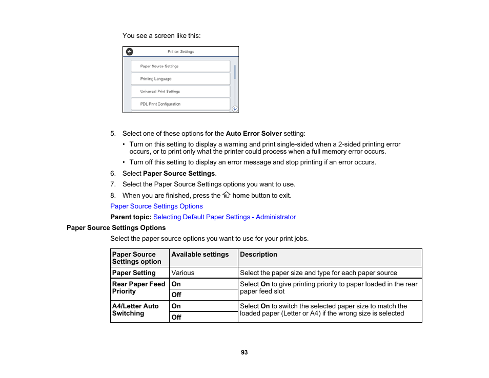 Paper source settings options | Epson WorkForce Pro WF-M5799 Workgroup Monochrome Multifunction Printer with Replaceable Ink Pack System User Manual | Page 93 / 404