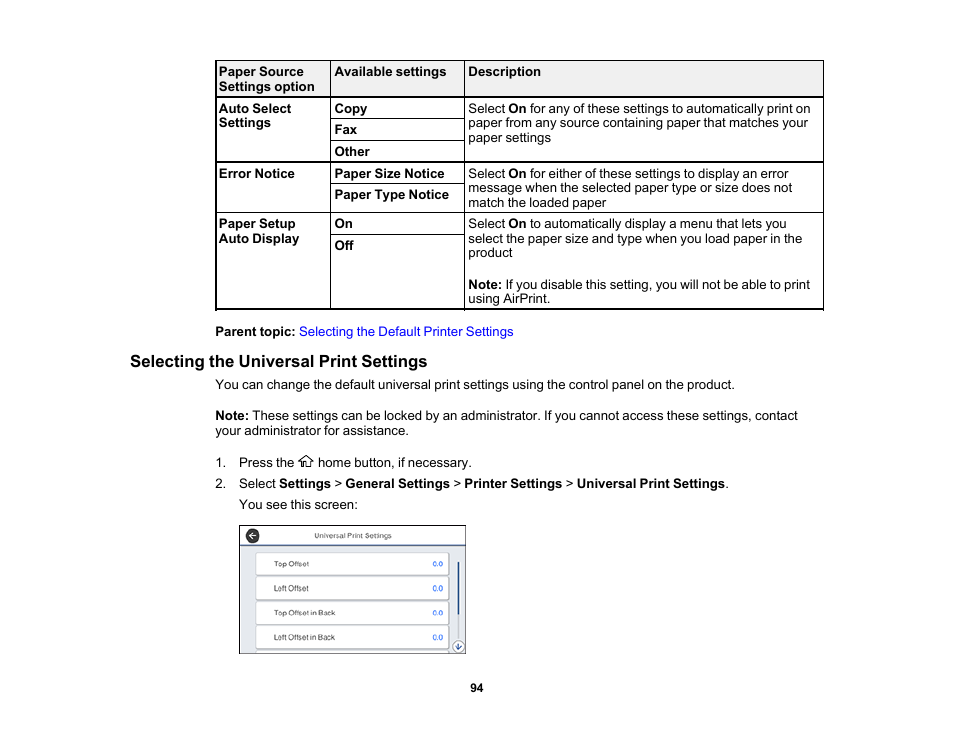 Selecting the universal print settings | Epson WorkForce Pro WF-M5799 Workgroup Monochrome Multifunction Printer with Replaceable Ink Pack System User Manual | Page 94 / 404