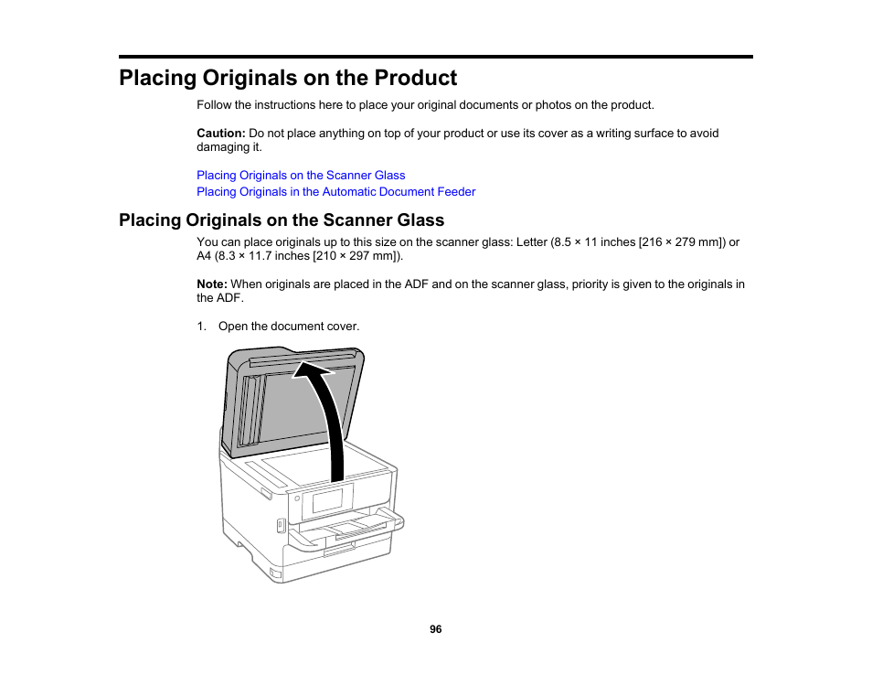 Placing originals on the product, Placing originals on the scanner glass | Epson WorkForce Pro WF-M5799 Workgroup Monochrome Multifunction Printer with Replaceable Ink Pack System User Manual | Page 96 / 404