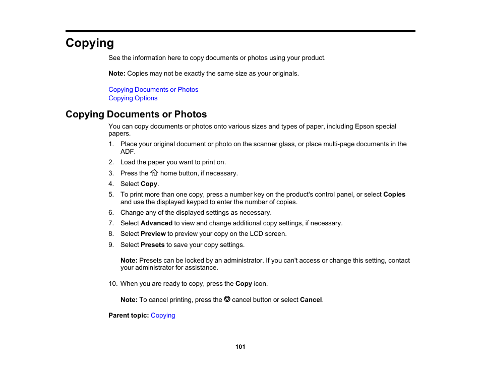 Copying, Copying documents or photos | Epson WorkForce Pro WF-C5890 Wireless Color MFP Inkjet Printer User Manual | Page 101 / 426