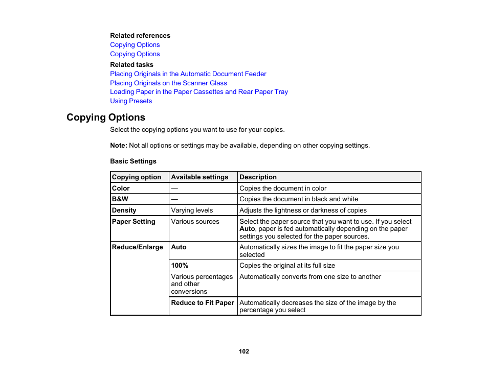 Copying options | Epson WorkForce Pro WF-C5890 Wireless Color MFP Inkjet Printer User Manual | Page 102 / 426