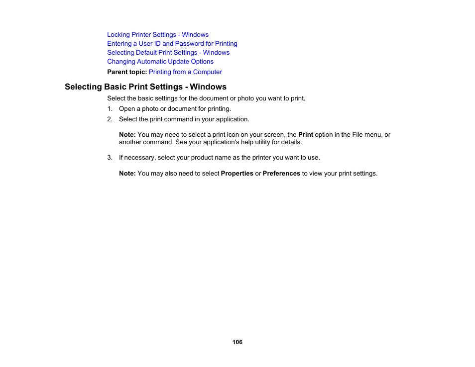 Selecting basic print settings - windows | Epson WorkForce Pro WF-C5890 Wireless Color MFP Inkjet Printer User Manual | Page 106 / 426