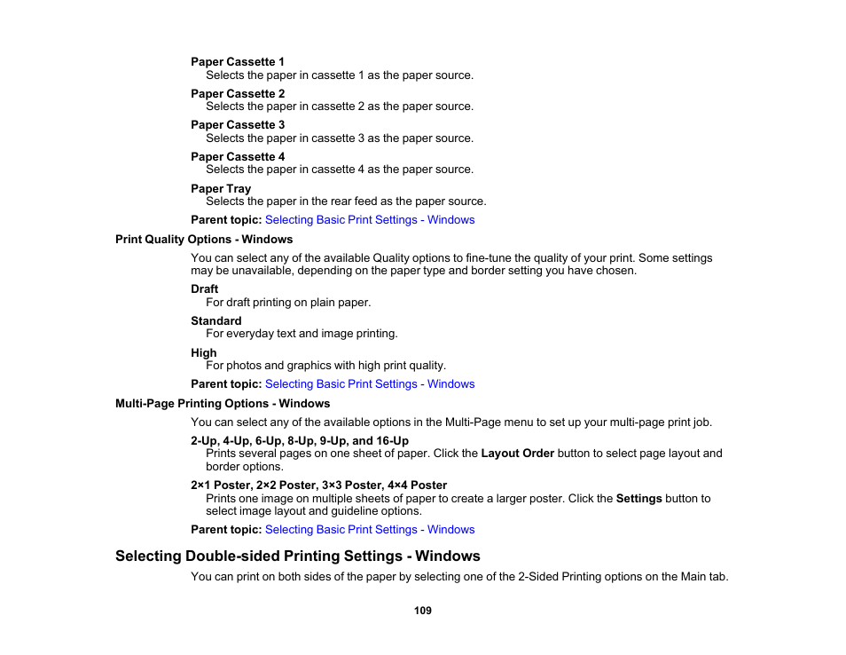 Print quality options - windows, Selecting double-sided printing settings - windows | Epson WorkForce Pro WF-C5890 Wireless Color MFP Inkjet Printer User Manual | Page 109 / 426