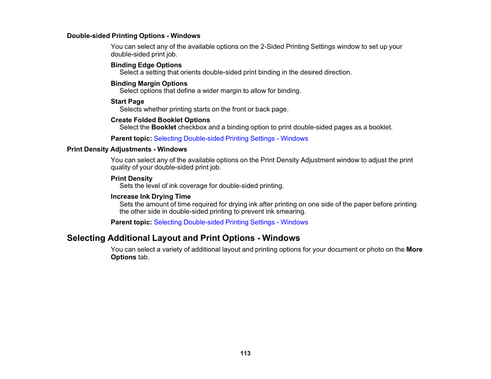 Double-sided printing options - windows, Print density adjustments - windows | Epson WorkForce Pro WF-C5890 Wireless Color MFP Inkjet Printer User Manual | Page 113 / 426