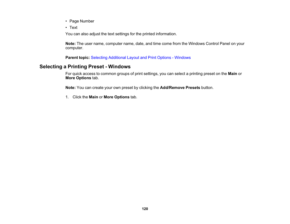 Selecting a printing preset - windows | Epson WorkForce Pro WF-C5890 Wireless Color MFP Inkjet Printer User Manual | Page 120 / 426