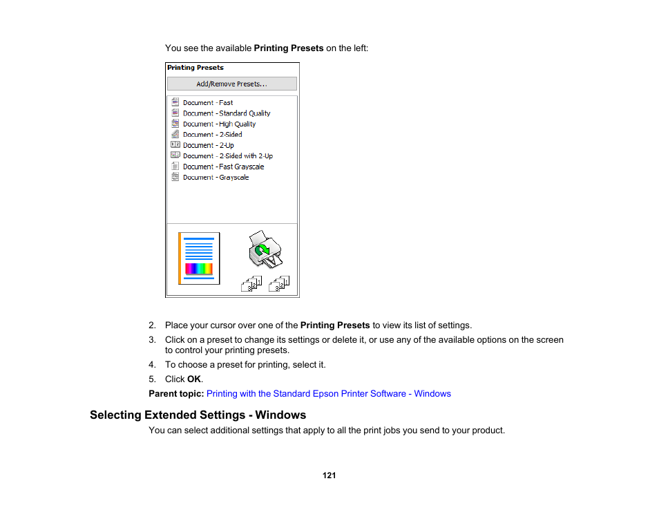 Selecting extended settings - windows | Epson WorkForce Pro WF-C5890 Wireless Color MFP Inkjet Printer User Manual | Page 121 / 426