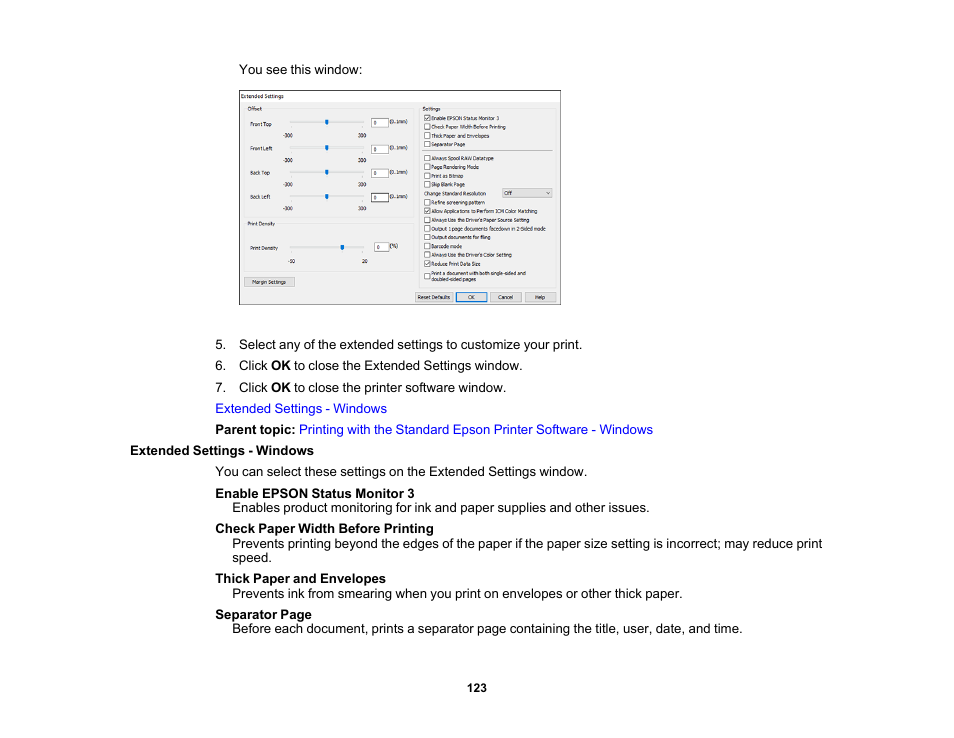 Extended settings - windows | Epson WorkForce Pro WF-C5890 Wireless Color MFP Inkjet Printer User Manual | Page 123 / 426