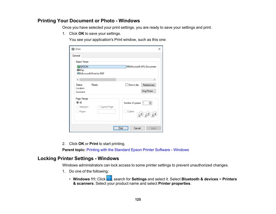 Printing your document or photo - windows, Locking printer settings - windows | Epson WorkForce Pro WF-C5890 Wireless Color MFP Inkjet Printer User Manual | Page 125 / 426