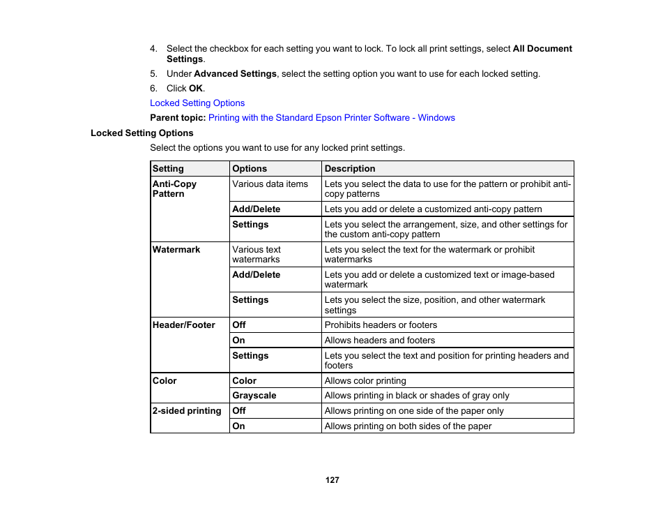 Locked setting options | Epson WorkForce Pro WF-C5890 Wireless Color MFP Inkjet Printer User Manual | Page 127 / 426