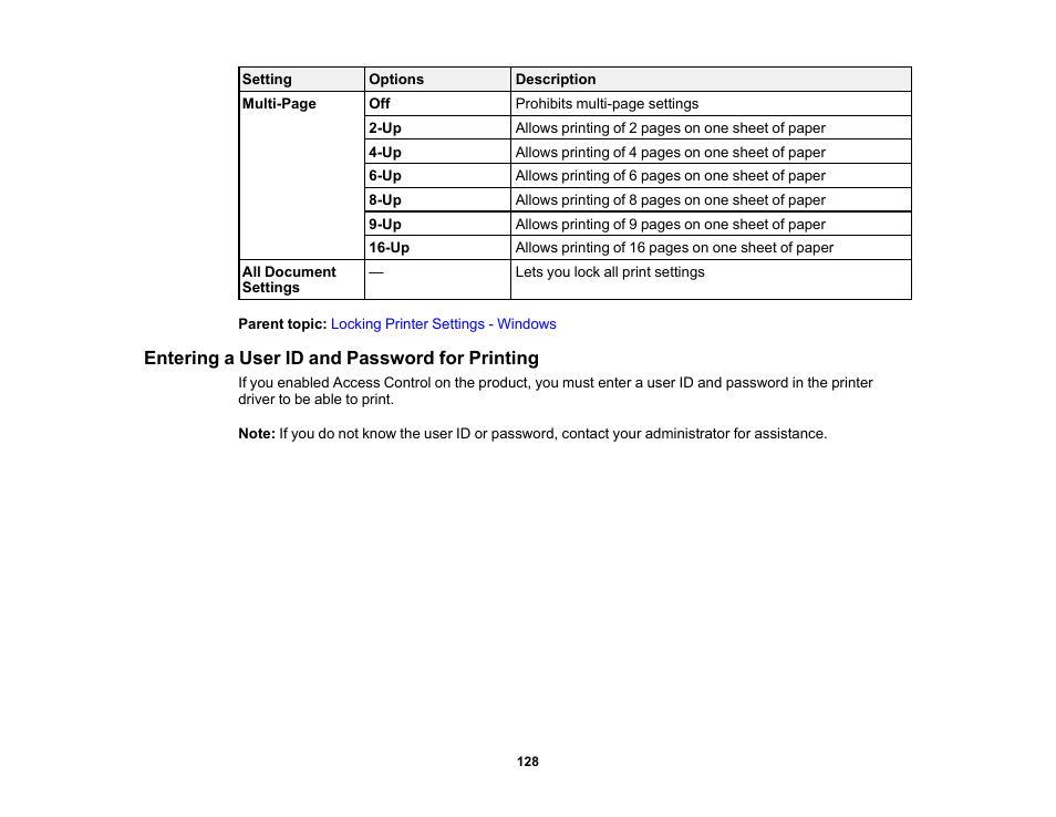 Entering a user id and password for printing | Epson WorkForce Pro WF-C5890 Wireless Color MFP Inkjet Printer User Manual | Page 128 / 426