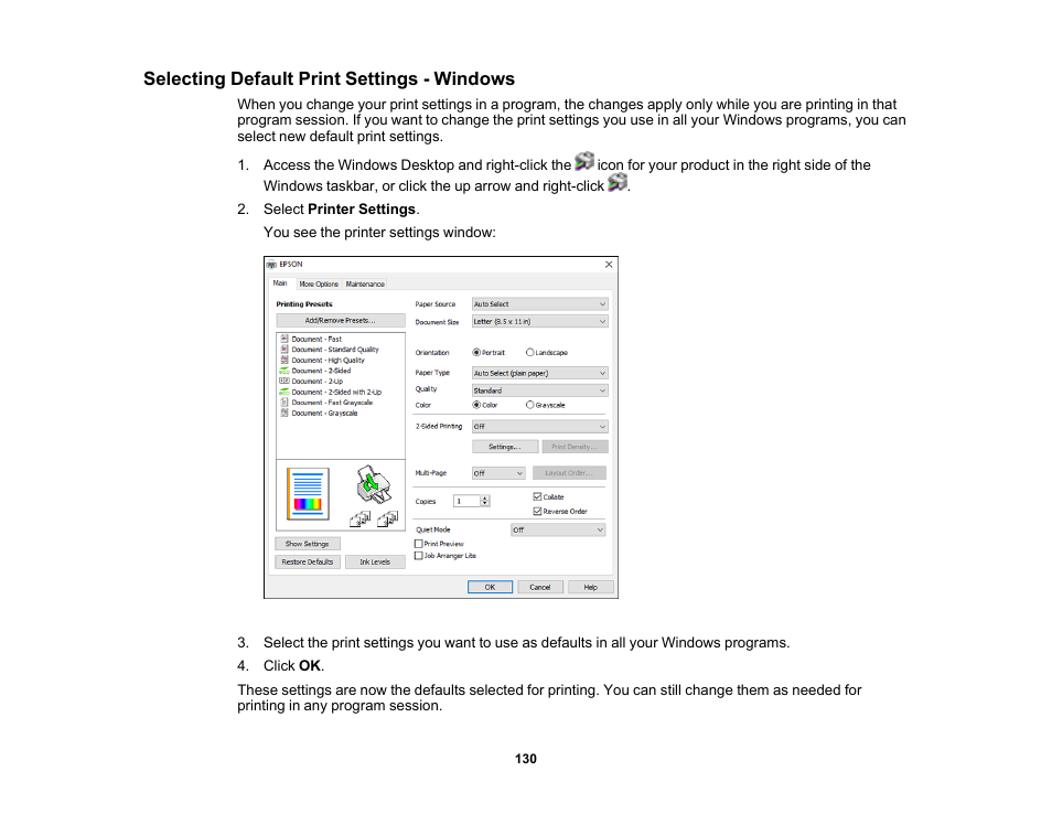 Selecting default print settings - windows | Epson WorkForce Pro WF-C5890 Wireless Color MFP Inkjet Printer User Manual | Page 130 / 426