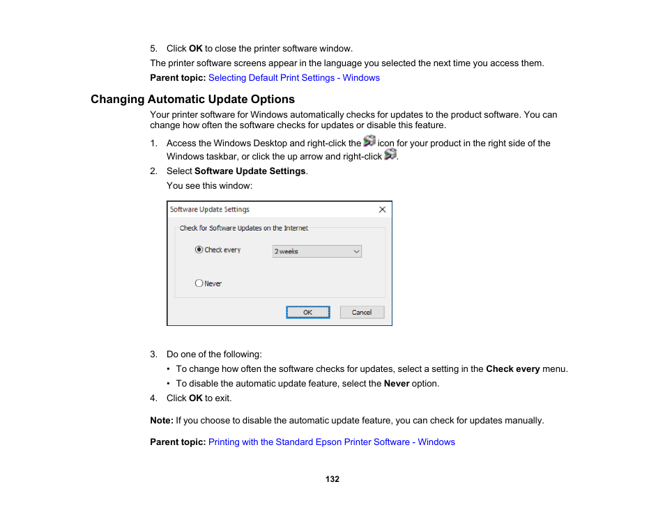 Changing automatic update options | Epson WorkForce Pro WF-C5890 Wireless Color MFP Inkjet Printer User Manual | Page 132 / 426