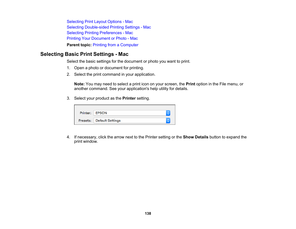 Selecting basic print settings - mac | Epson WorkForce Pro WF-C5890 Wireless Color MFP Inkjet Printer User Manual | Page 138 / 426