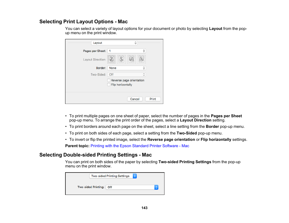 Selecting print layout options - mac, Selecting double-sided printing settings - mac | Epson WorkForce Pro WF-C5890 Wireless Color MFP Inkjet Printer User Manual | Page 143 / 426