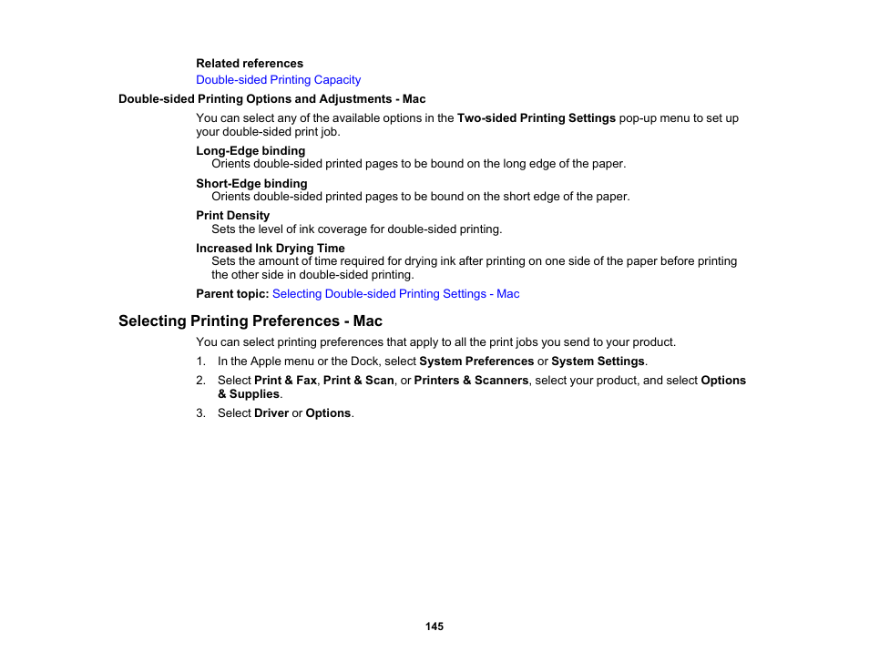 Selecting printing preferences - mac | Epson WorkForce Pro WF-C5890 Wireless Color MFP Inkjet Printer User Manual | Page 145 / 426