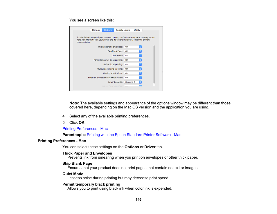 Printing preferences - mac | Epson WorkForce Pro WF-C5890 Wireless Color MFP Inkjet Printer User Manual | Page 146 / 426