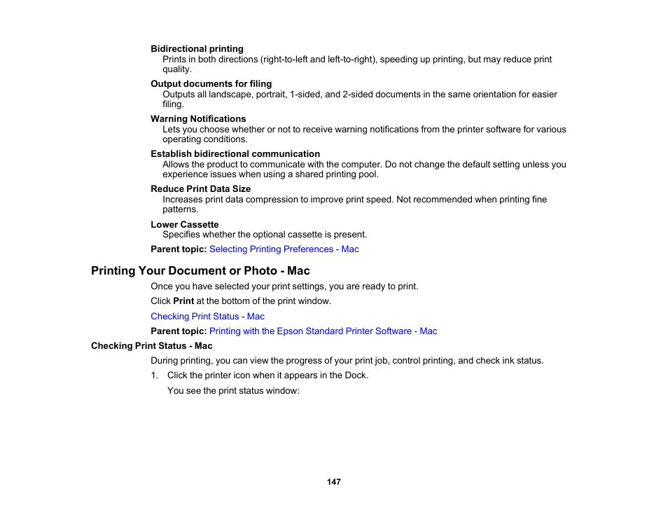 Printing your document or photo - mac, Checking print status - mac | Epson WorkForce Pro WF-C5890 Wireless Color MFP Inkjet Printer User Manual | Page 147 / 426