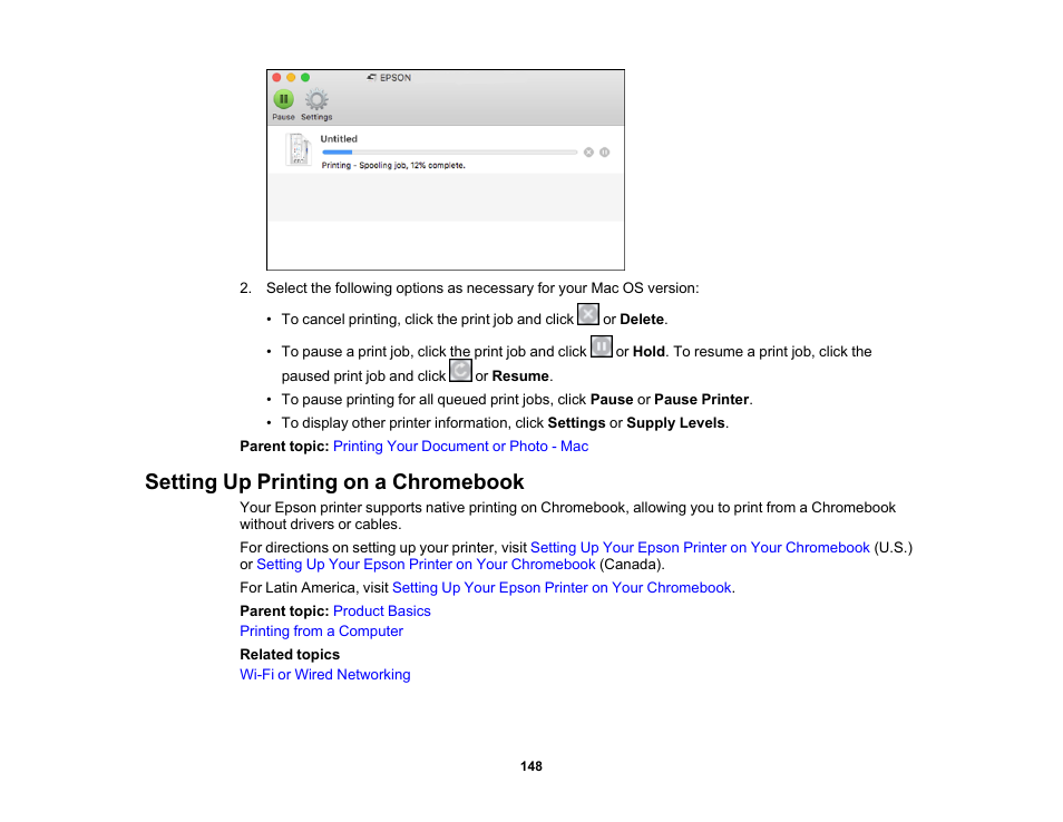 Setting up printing on a chromebook | Epson WorkForce Pro WF-C5890 Wireless Color MFP Inkjet Printer User Manual | Page 148 / 426