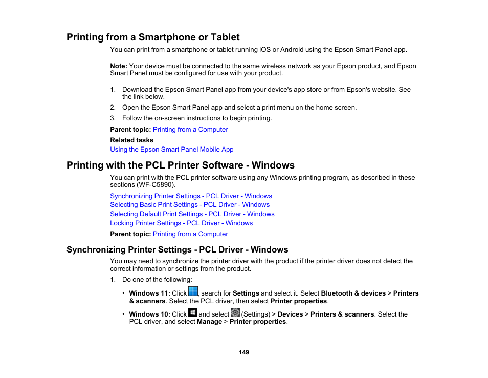 Printing from a smartphone or tablet, Printing with the pcl printer software - windows | Epson WorkForce Pro WF-C5890 Wireless Color MFP Inkjet Printer User Manual | Page 149 / 426