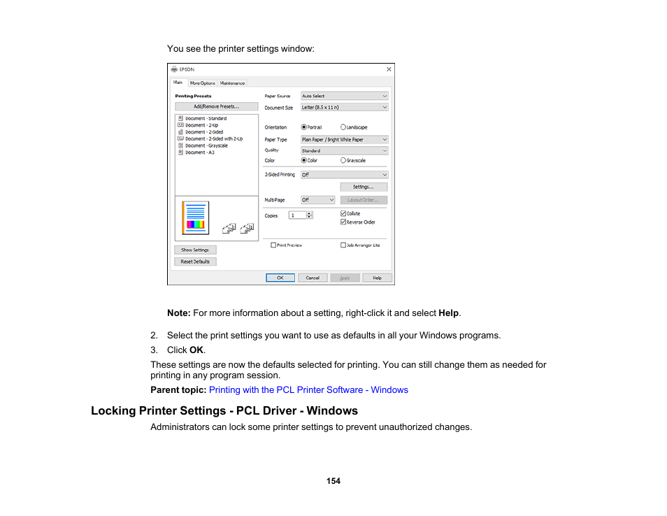 Locking printer settings - pcl driver - windows | Epson WorkForce Pro WF-C5890 Wireless Color MFP Inkjet Printer User Manual | Page 154 / 426