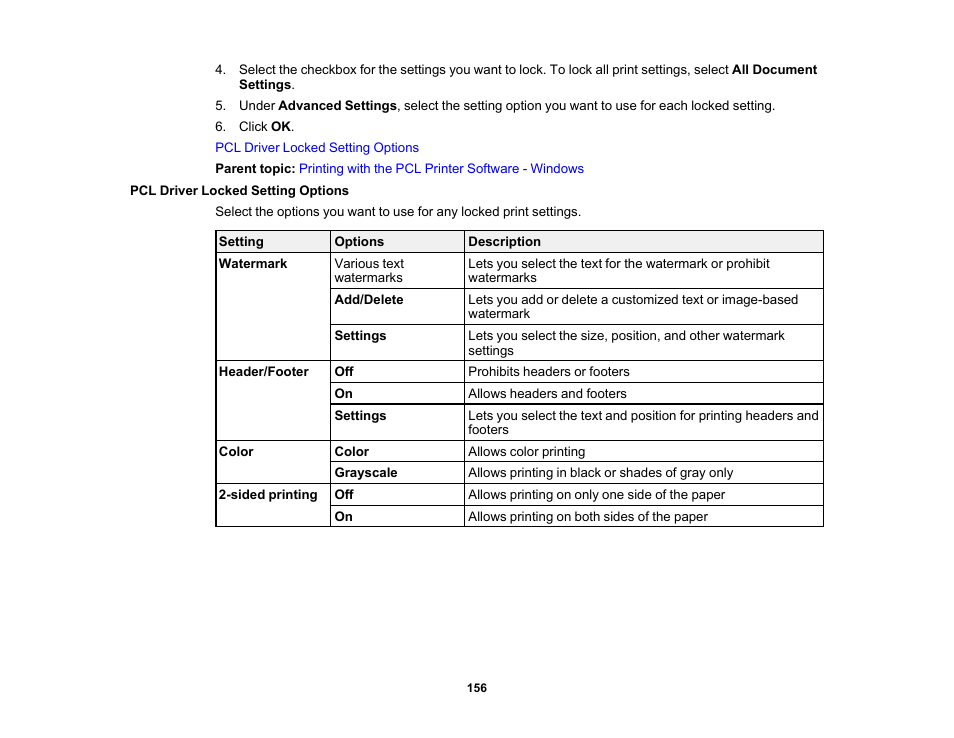 Pcl driver locked setting options | Epson WorkForce Pro WF-C5890 Wireless Color MFP Inkjet Printer User Manual | Page 156 / 426