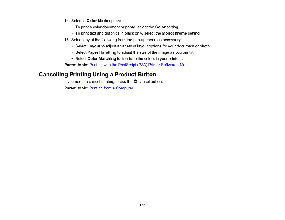 Cancelling printing using a product button | Epson WorkForce Pro WF-C5890 Wireless Color MFP Inkjet Printer User Manual | Page 166 / 426