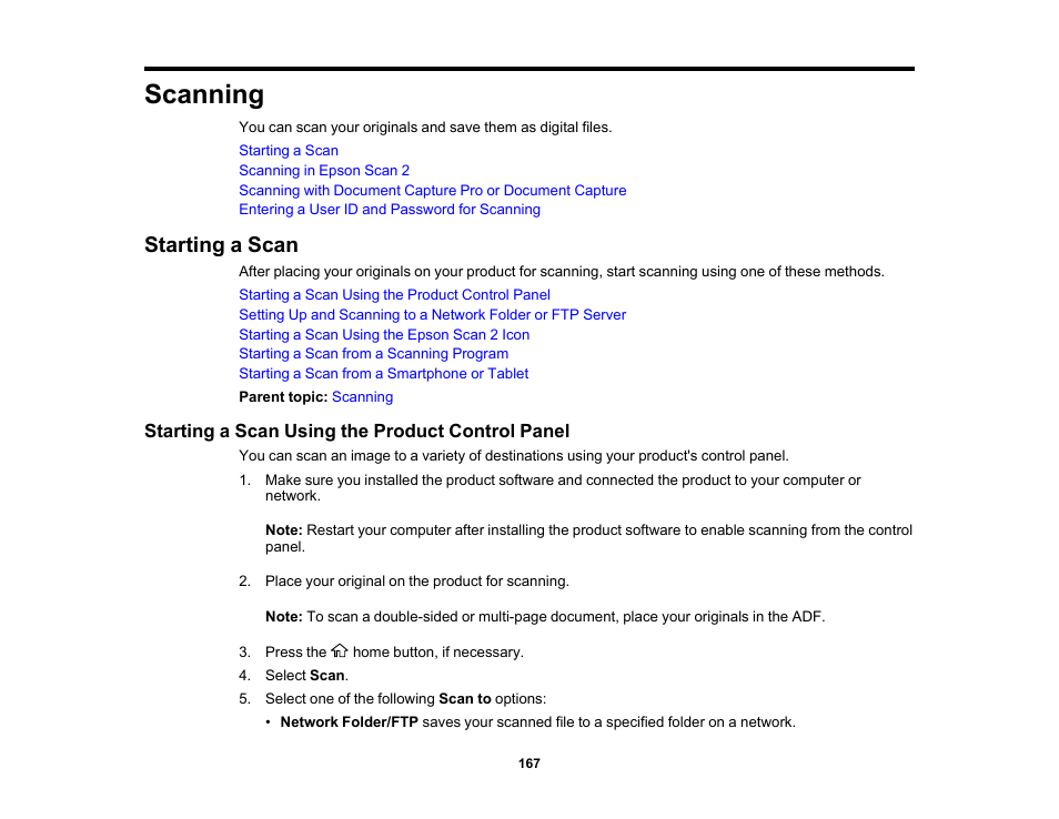 Scanning, Starting a scan, Starting a scan using the product control panel | Epson WorkForce Pro WF-C5890 Wireless Color MFP Inkjet Printer User Manual | Page 167 / 426