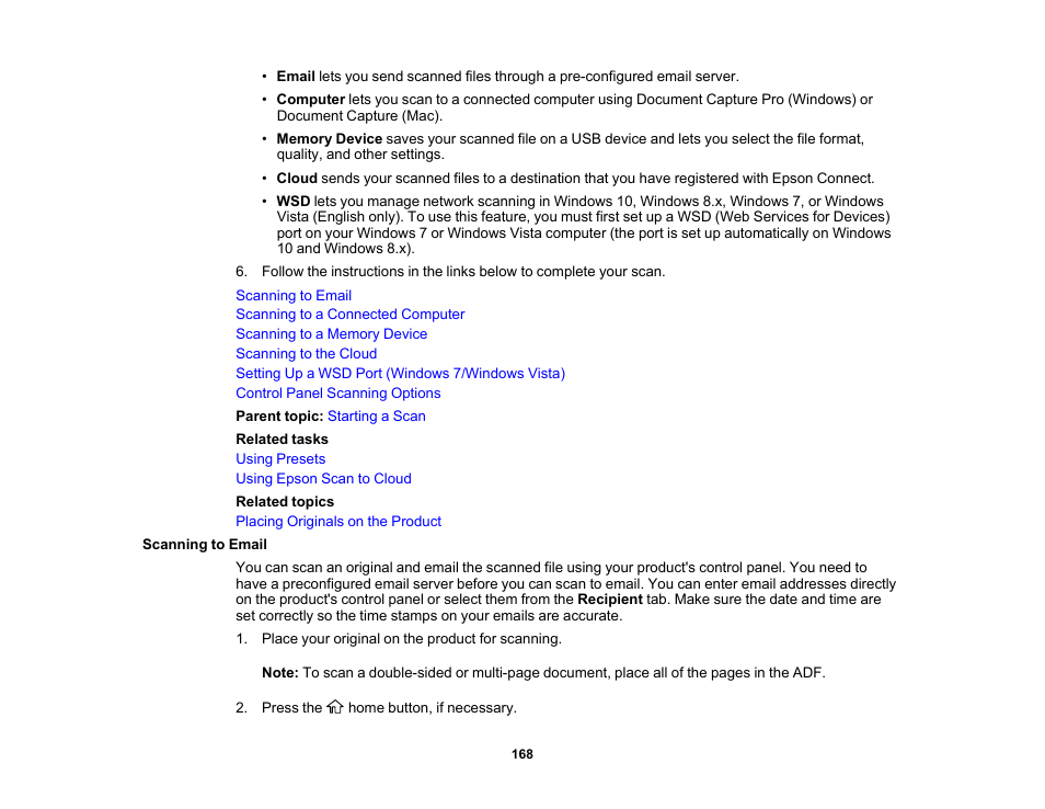 Scanning to email | Epson WorkForce Pro WF-C5890 Wireless Color MFP Inkjet Printer User Manual | Page 168 / 426