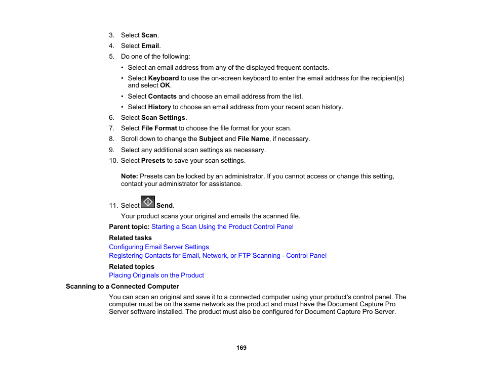 Scanning to a connected computer | Epson WorkForce Pro WF-C5890 Wireless Color MFP Inkjet Printer User Manual | Page 169 / 426