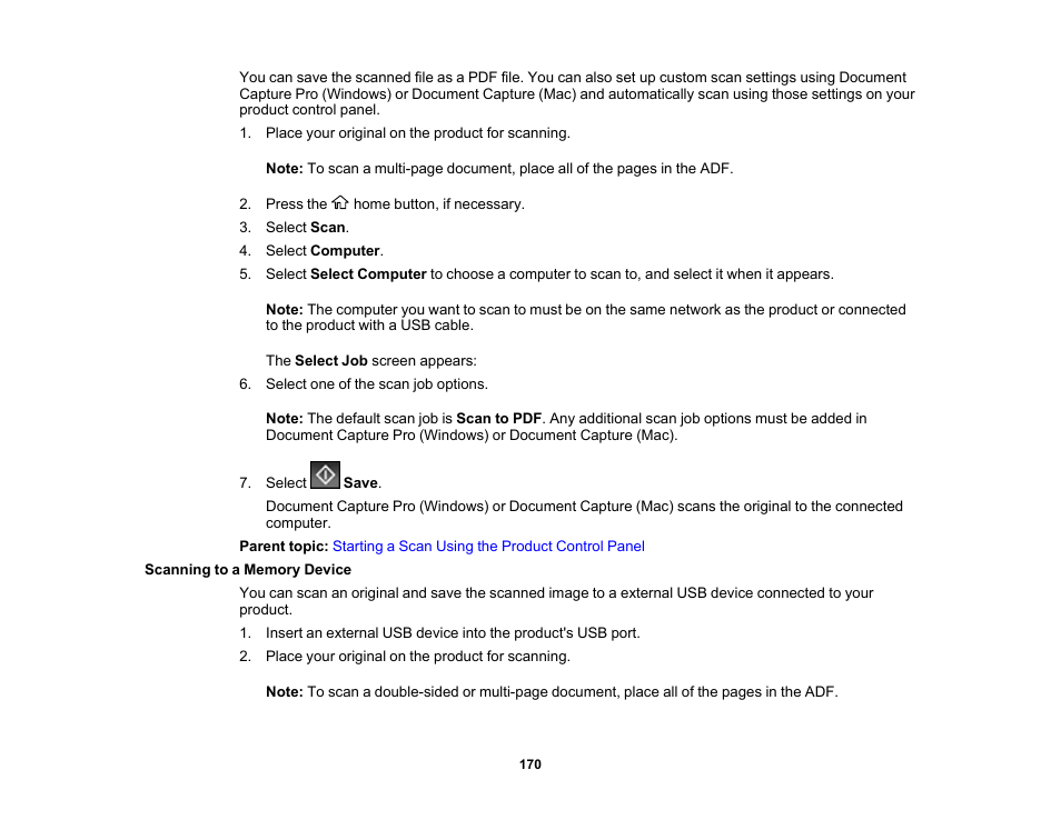 Scanning to a memory device | Epson WorkForce Pro WF-C5890 Wireless Color MFP Inkjet Printer User Manual | Page 170 / 426